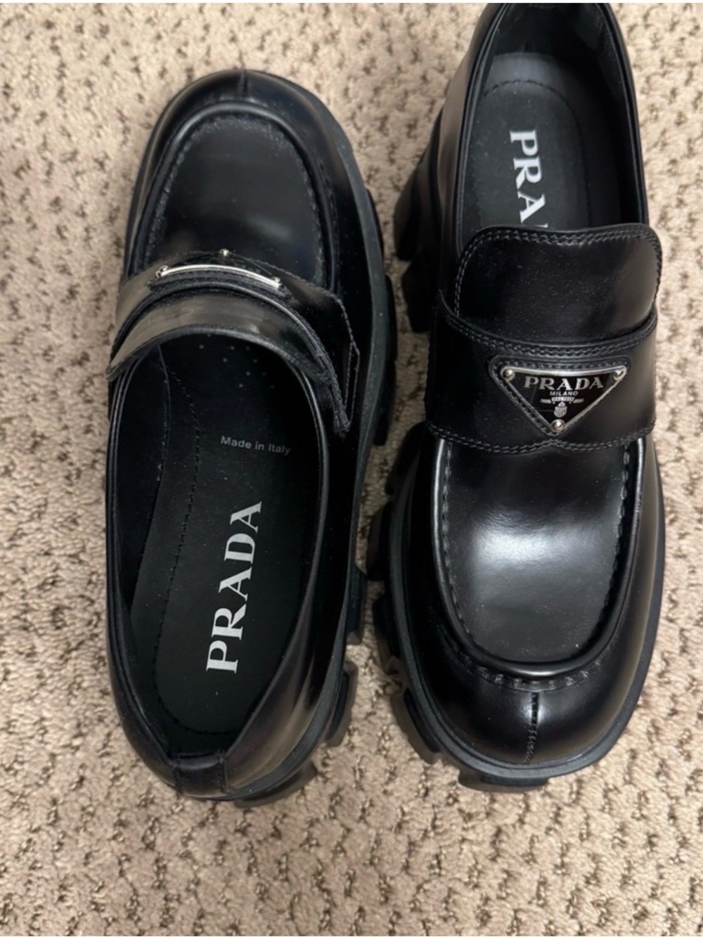 Prada Black Leather Lug-Sole Penny Loafers with Triangular Logo - Picture 5 of 6